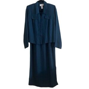 Vintage Studio C 2 Piece Suit Womens 10 Teal Blue Green Midi Long Dress Jacket
